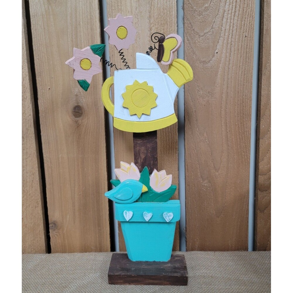 Handpainted Spring Wooden Garden Decor Flowerpot Watering Can Flowers Bird